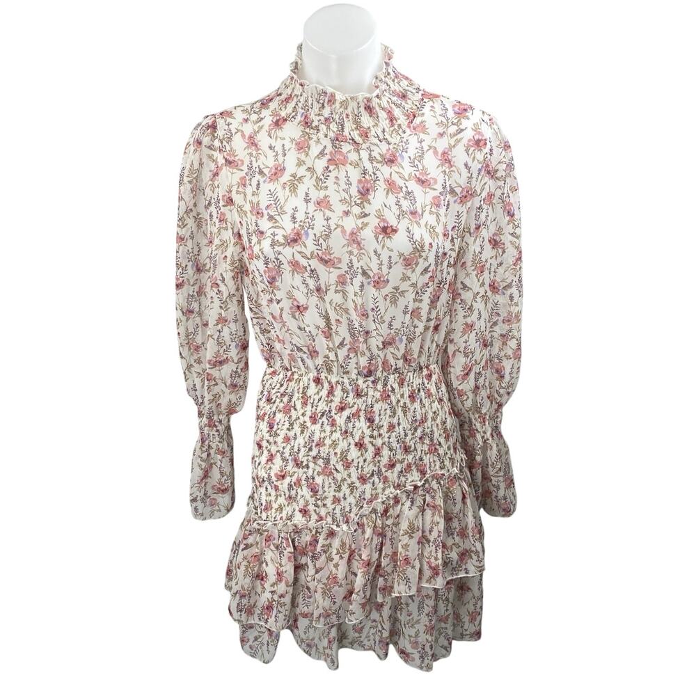 Princess Polly White Pink Floral Long Balloon Sleeve Tiered Mini A Line Dress 6